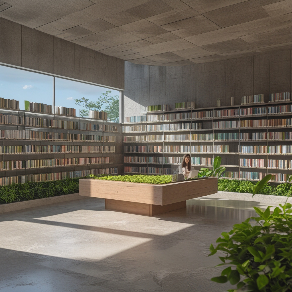 Ruang perpustakaan modern yang terang dengan rak buku penuh buku-buku tentang kesehatan dan ilmu alam, meja kayu dengan tanaman hijau kecil dan cahaya alami dari jendela besar