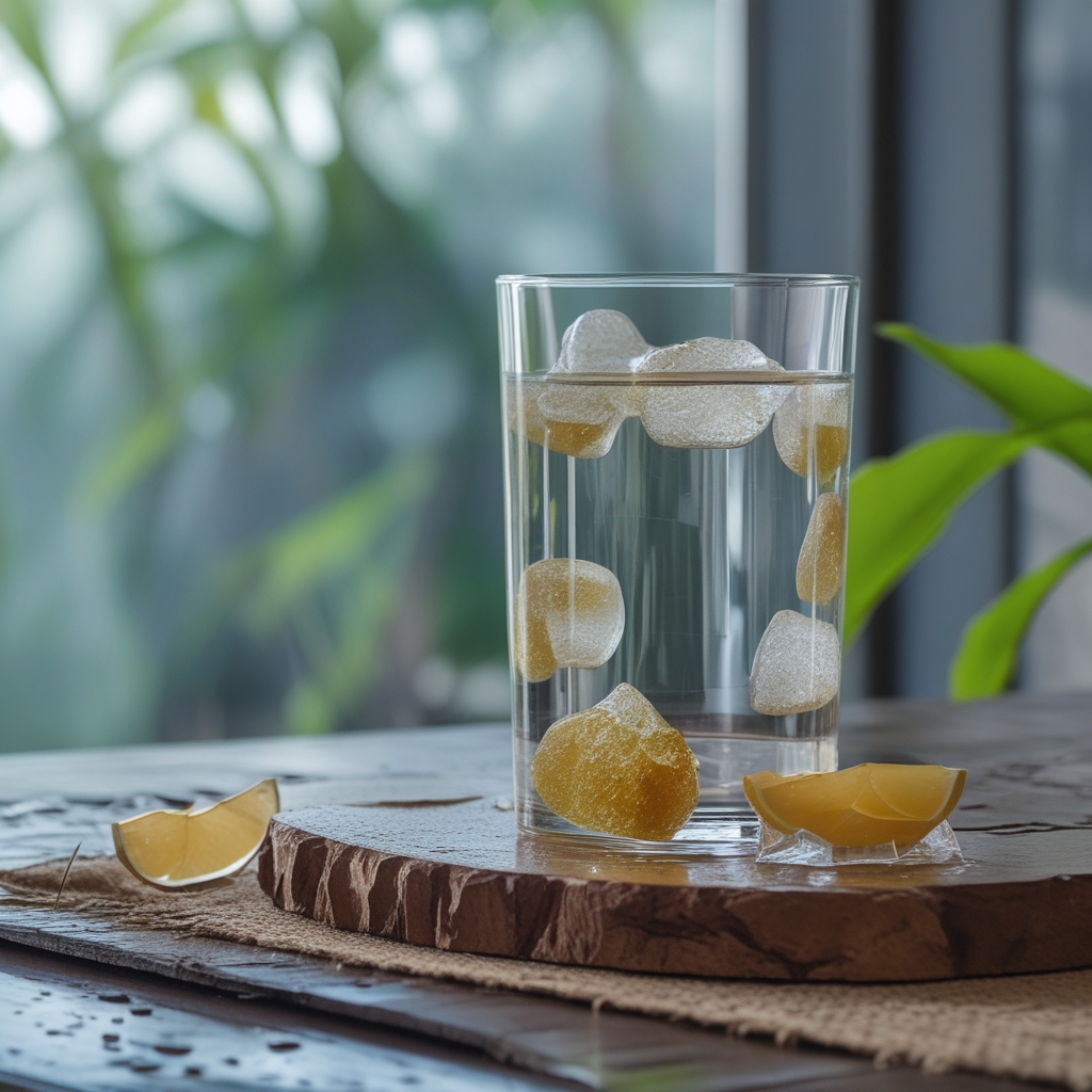 Segelas air mineral jernih dengan es batu segar di atas meja kayu dengan latar belakang hijau tanaman alami yang blur