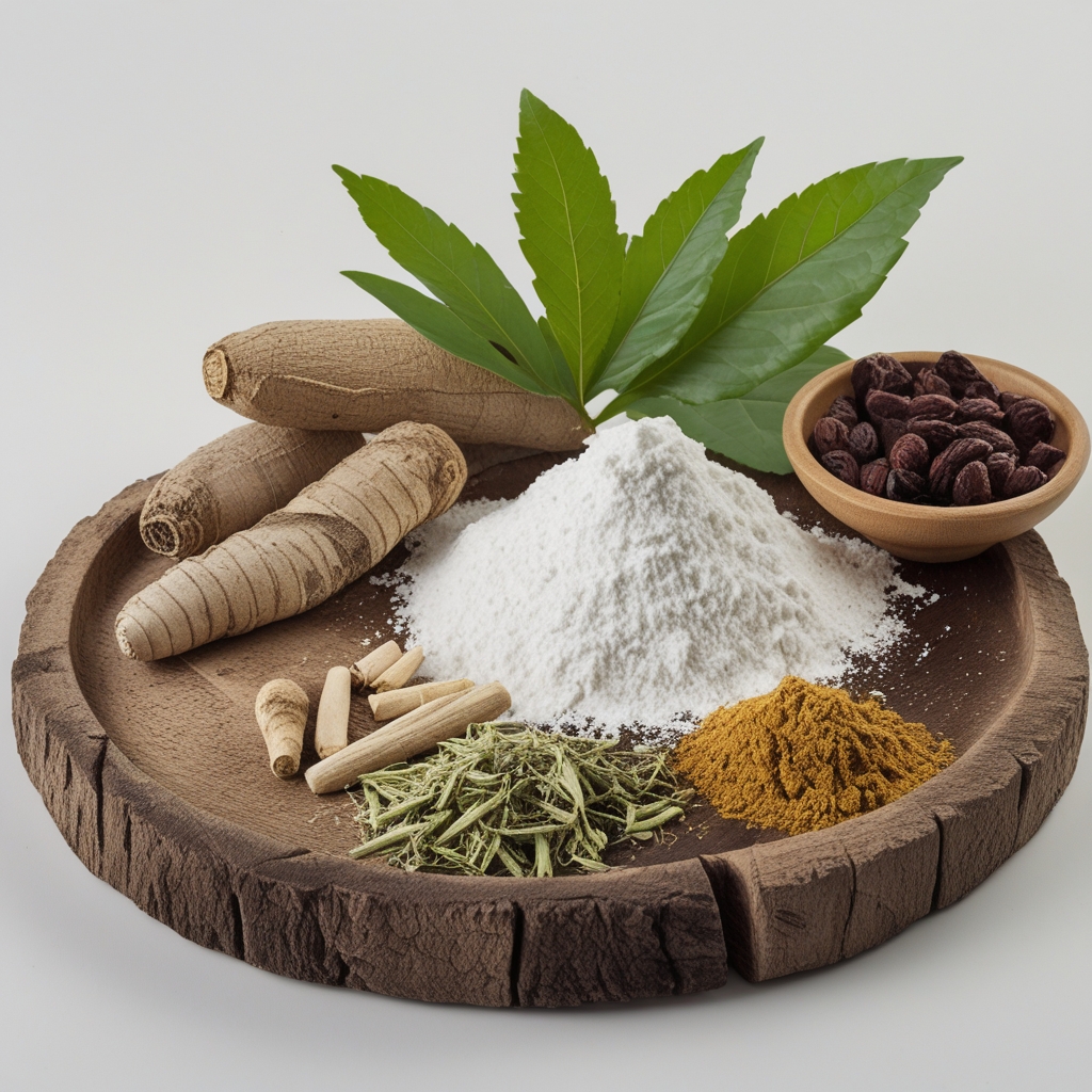 Berbagai bahan herbal alami termasuk akar ginseng, biji labu kering, kunyit segar, dan daun hijau segar tersusun rapi di atas meja kayu dengan latar belakang terang