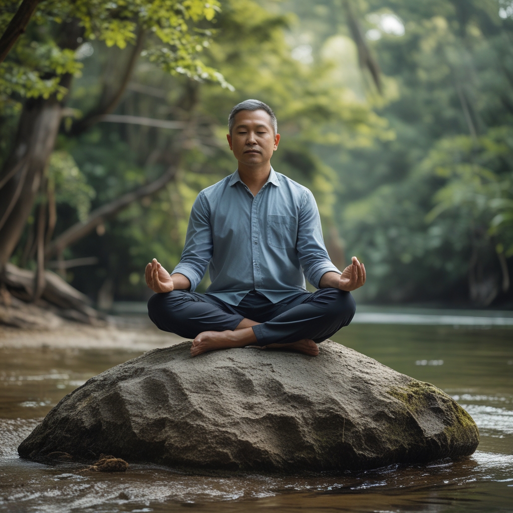 Pria dewasa duduk bersila di atas batu besar di tepi sungai hutan yang tenang, bermeditasi dengan mata tertutup di tengah alam terbuka yang hijau dan segar