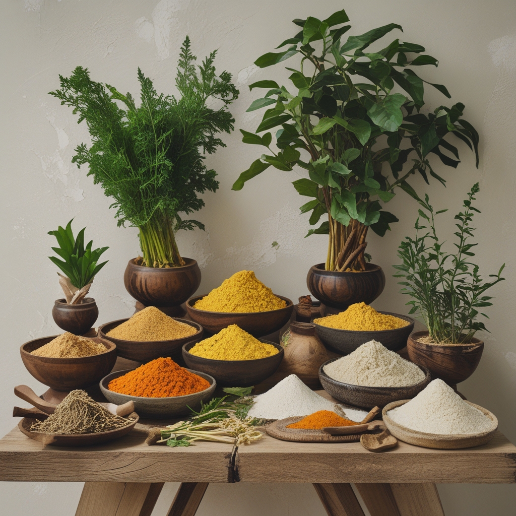 Koleksi rempah-rempah alami meliputi akar jahe segar, kunyit kuning, kayu manis, dan daun herbal di atas meja kayu alami